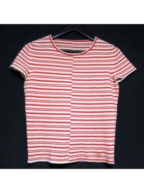 Chanel Coco Mark Plate Striped Cashmere Short Sleeve Knit Sweater Red